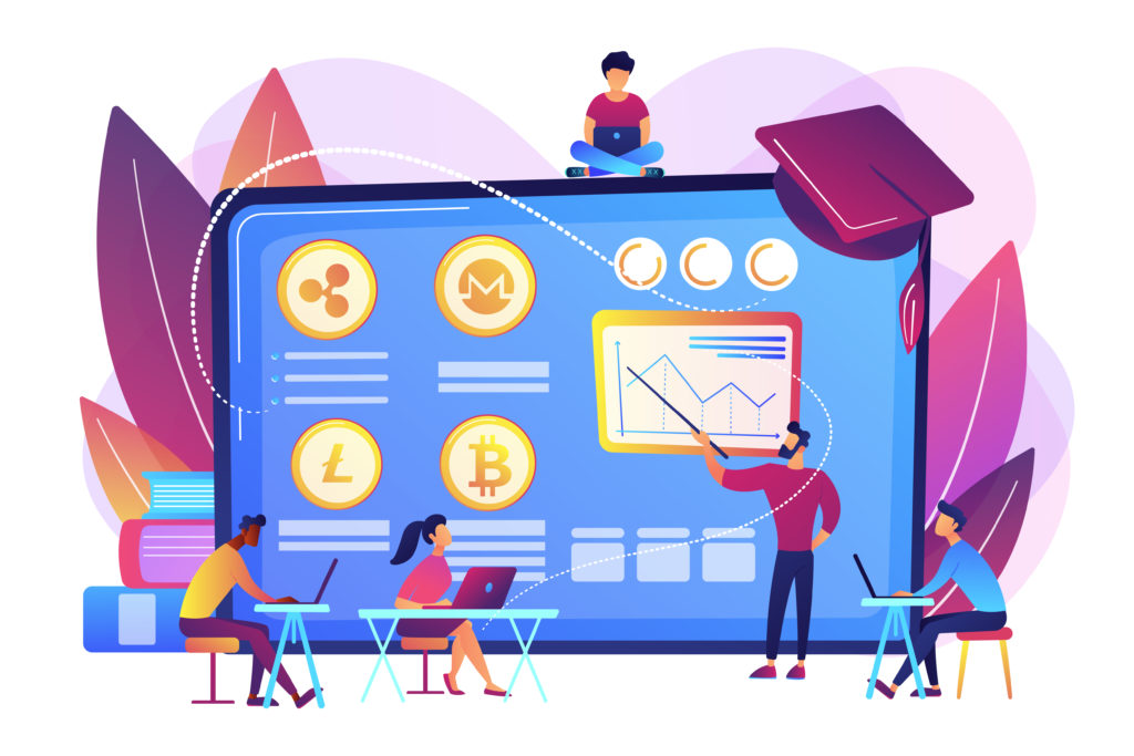 Financial literacy education, e business school. Cryptocurrency trading courses, crypto trade academy, learn how to trade cryptocurrency concept. Bright vibrant violet vector isolated illustration