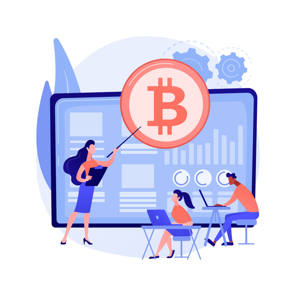 Cryptocurrency trading courses abstract concept vector illustration. Crypto trade academy, smart contracts, digital tokens and blockchain technology, setup and strategy, ICO abstract metaphor.