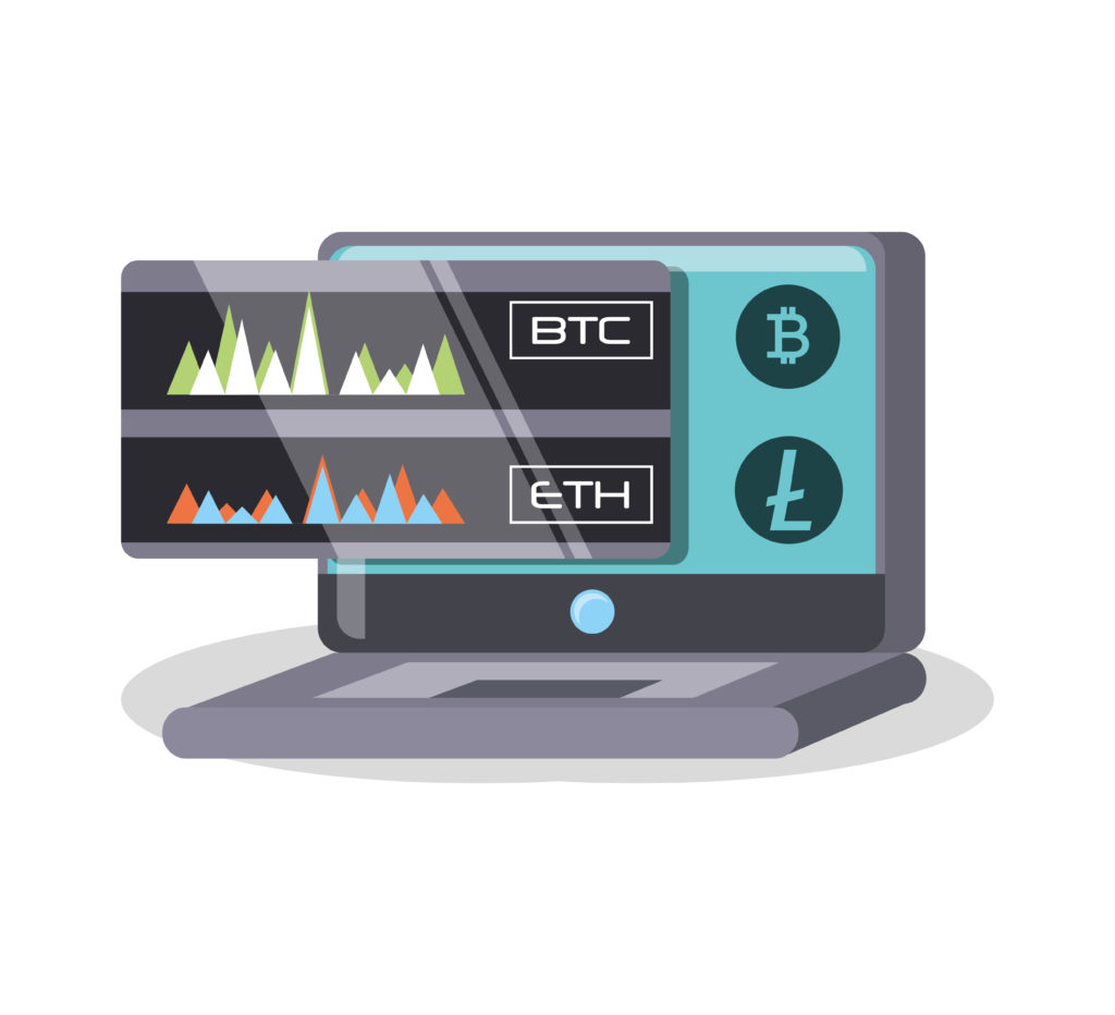 laptop computer with trading of crypto coins on screen over white background, colorful design vector illustration