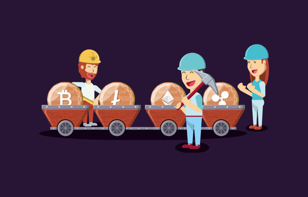 cartoon people with mining carts with cryptocurrency coins over black background, colorful design. vector illustration